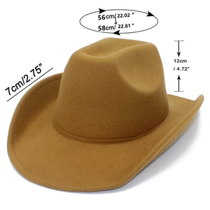 Detail showing wool cowboy hat dimensions: 7cm brim width and 12cm total crown height