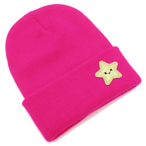 Fuchsia star beanie with a smiling face sequin patch for autumn and winter warmth