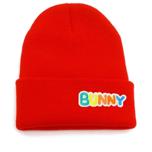 Detailed close-up of rainbow BUNNY embroidery on a red knitted winter beanie