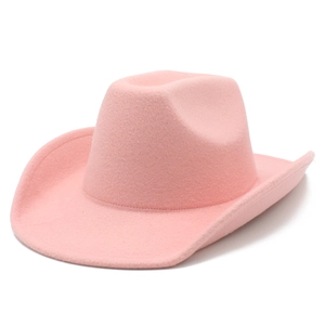 Detail view of pink felt cowboy hat showing soft texture and rolled brim style