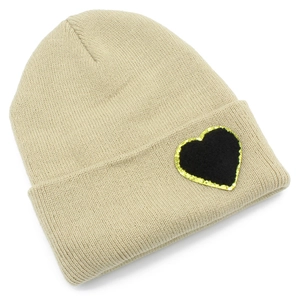 Chic beige knit beanie with heart patch and gold sequins for winter styling
