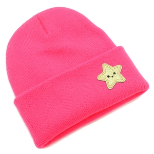 Detail of rose pink ribbed knit beanie with sparkling gold star and smiley patch