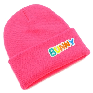 Detailed view of the bright pink knit beanie featuring colorful 3D Bunny embroidery