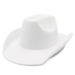Classic white felt western cowboy hat with a curved brim and a dented crown design