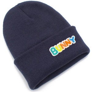 Close-up of dark blue knit beanie featuring colorful Bunny chenille embroidery detail