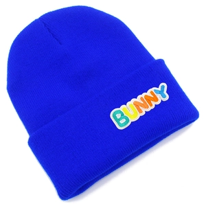 Detailed knit texture and colorful Bunny letter embroidery on bright blue beanie hat