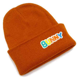 Caramel knitted beanie hat with colorful BUNNY embroidery for autumn and winter warmth