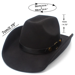 Detail view of black wool fedora with leather band and golden metal buckle accents