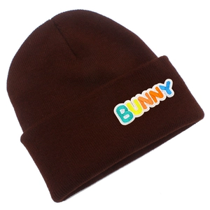 Close-up detail of colorful BUNNY letter embroidery on deep brown knitted beanie hat