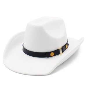 Classic white wool felt western cowboy hat with black decorative band and gold buckles