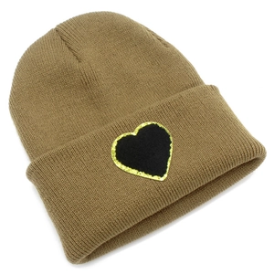 Brown knitted beanie with a sequined heart patch on the cuff for a stylish winter look