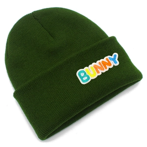 Dark green knitted beanie with colorful BUNNY embroidery for winter warmth and style