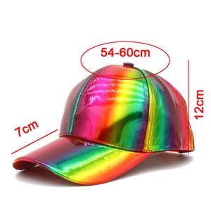 Detail of laser iridescent baseball cap showing measurements of brim and depth