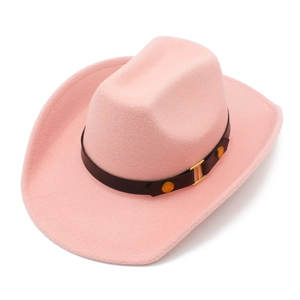 Pink wool felt cowboy hat with a black leather band and golden metal studs detail