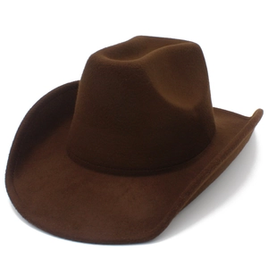 Classic dark brown western cowboy hat in felt texture with curved brim on white background