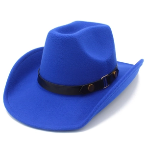 Classic royal blue wool cowboy hat with black leather band and gold metal hardware