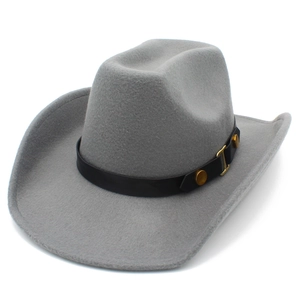 Detail of light gray wool cowboy hat with black leather band and gold metal studs