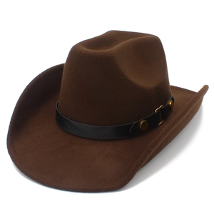 Detail of dark brown wool cowboy hat with leather band and golden metal studs