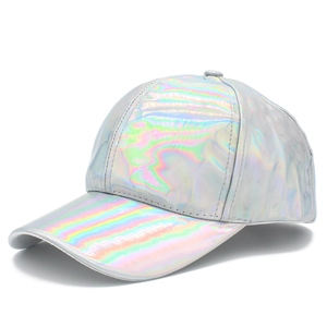Holographic shiny patent leather baseball cap with iridescent silver metallic finish