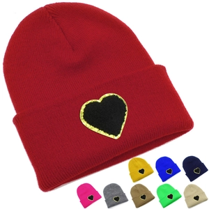 Women's Knitted Beanie Hat Warm Winter Cold Weather Cap With Gold Sequin Edge Heart Patch Solid Color Simple Headwear