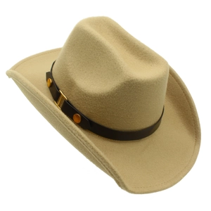 Detailed close-up of khaki wool felt cowboy hat featuring faux leather band with gold rivets