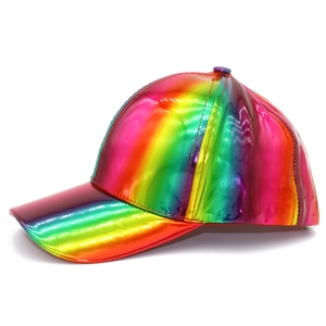 Detailed view of iridescent rainbow patent leather baseball cap with metallic finish