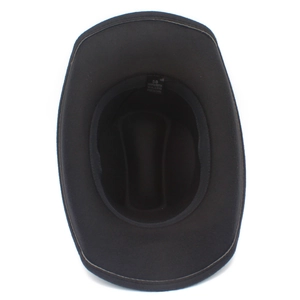 Detail view of polyester cowboy hat interior showing size 58 label and sweatband