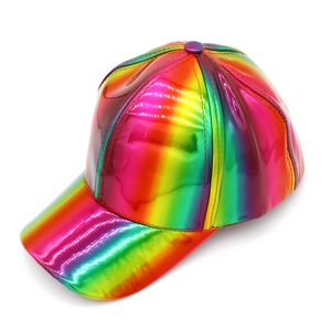 Close-up detail of a holographic rainbow patent leather baseball cap with metallic finish