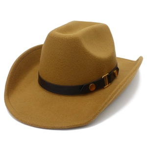 Classic khaki wool felt western cowboy hat with wide brim and decorative leather band