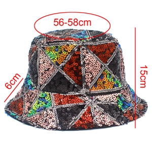 Detailed dimensions of a colorful sequined bucket hat showing height and brim width