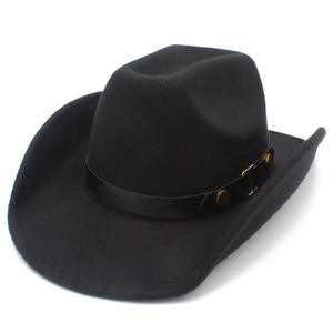 Detailed close-up of a black wool cowboy hat featuring a leather band with gold rivets