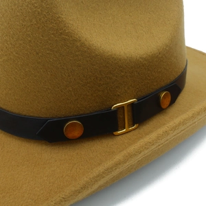 Detail of khaki wool felt hat featuring a black leather band and gold buckle accent