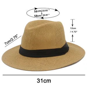 Size chart for khaki straw Panama hat showing 56-58cm circumference and 7cm wide brim