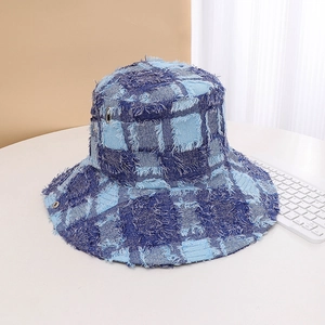 Denim patchwork bucket hat with large brim, casual sun protection sunhat for outdoor travel daily.