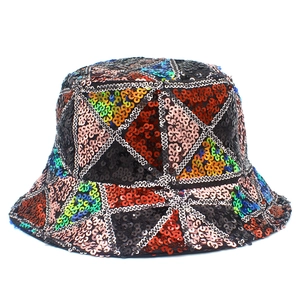 Sparkly sequin bucket hat for women with colorful geometric triangle pattern design