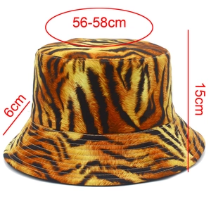 Tiger print bucket hat sizing detail with 15cm height and 56-58cm head circumference
