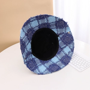 Casual denim plaid bucket hat wide brim summer sun protection outdoor travel fishing hat