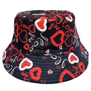 Fashionable black bucket hat with red heart prints and I love you text for couples