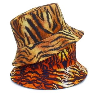 Detail of tiger print bucket hats showing the narrow brim and quality parallel stitching