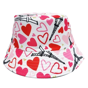 Reversible bucket hat with romantic red heart prints and Eiffel Tower pattern for couples