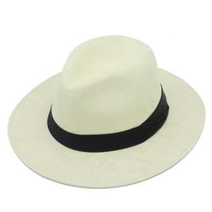 Classic cream Panama straw hat with black decorative band and wide sun-protective brim