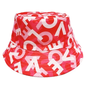 Reversible red heart pattern bucket hat with white and pink LOVE print for couples