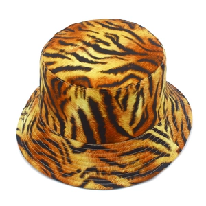 Detailed tiger print texture on orange canvas bucket hat with reinforced stitching lines