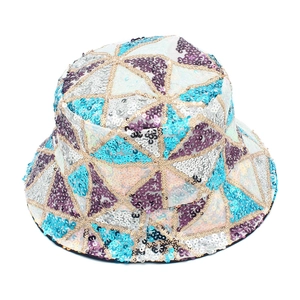 Detail of colorful geometric sequin bucket hat with golden braided edge embroidery