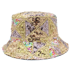 Close-up of mixed colored sequins stitched in geometric patterns on a punk bucket hat