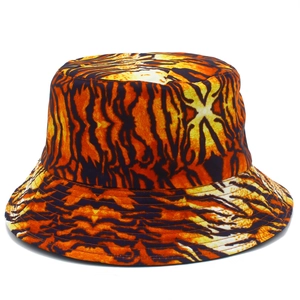 Double-sided sun bucket hat with bold tiger stripe print in orange and black canvas