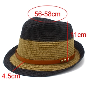 Detailed sizing of straw fedora with brown leather strap and golden rivet accents