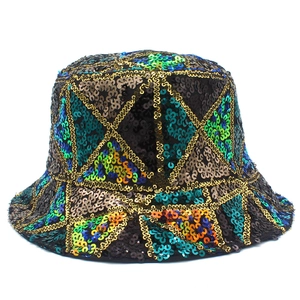 Colorful sequin punk bucket hat with geometric patterns and foldable sunshade design