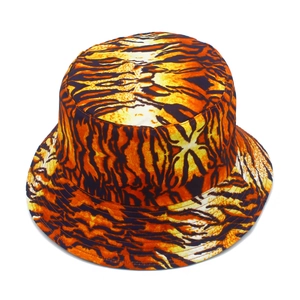 Detailed close-up of tiger print pattern on high-quality canvas bucket hat fabric