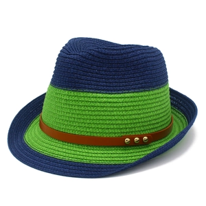 Contrast color straw fedora hat in blue and green with brown leather rivet band
